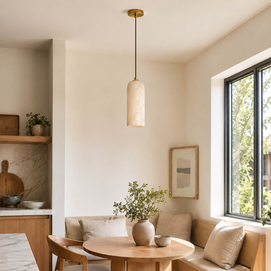 Monvela alabaster pendant light modern minimalist kitchen dining natural stone brass quiet luxury American home lifestyle interior