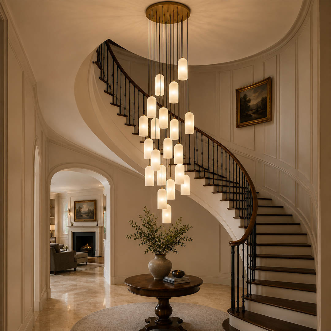 Monvela alabaster pendant light staircase stairwell cluster cascading natural stone brass grand drop American home lifestyle interior