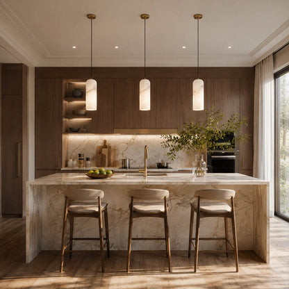 Monvela alabaster pendant light kitchen island above counter natural stone brass warm glow understated glamour American home lifestyle interior