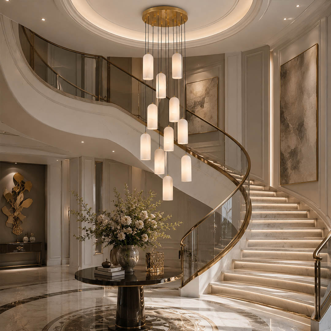 Monvela alabaster pendant light staircase stairwell cluster cascading natural stone brass grand drop American home lifestyle interior