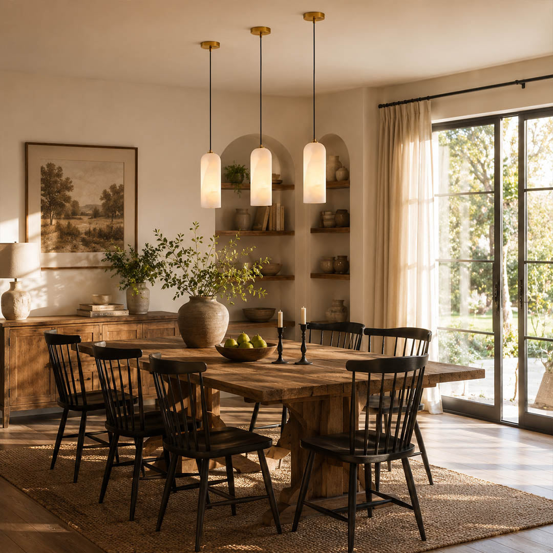 Monvela alabaster pendant light dining room above table natural stone brass warm glow mid century American home lifestyle interior styled