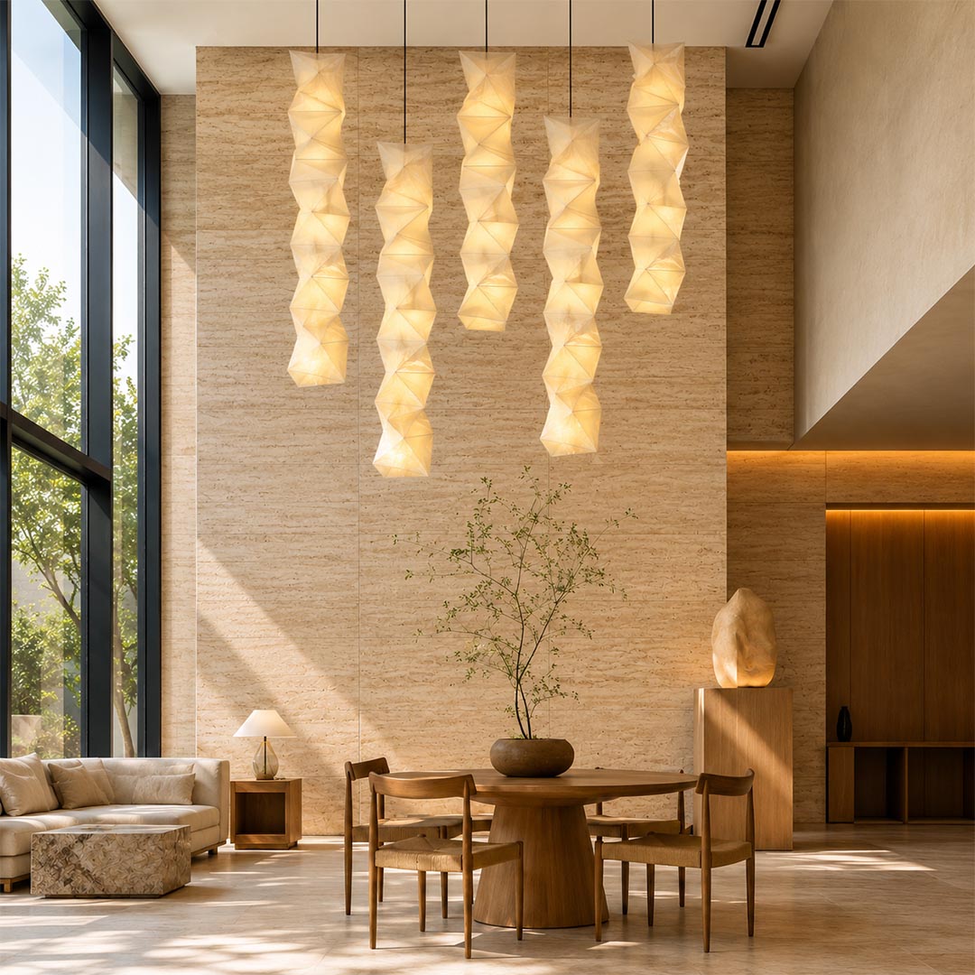 A cluster of five Washi Paper L8 Pendant Lights suspended above a round wooden dining table in a high-ceiling dining room by Stuber Lighting.