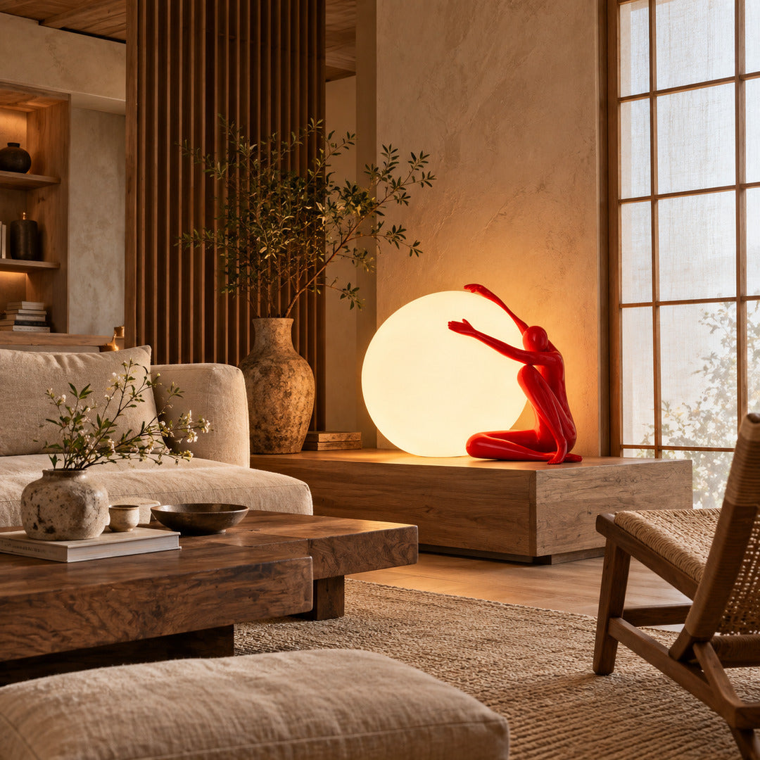 Musa sculpture table lamp casting a warm glow on a living room side table