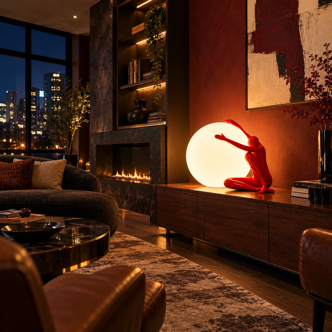 Musa sculpture table lamp casting a warm glow on a living room side table