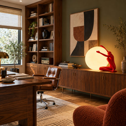 Musa sculpture table lamp adding an artistic touch to a home office shelf