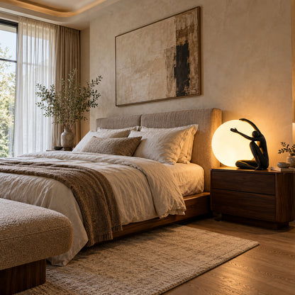 Musa sculpture table lamp as a sculptural accent on a bedroom nightstand