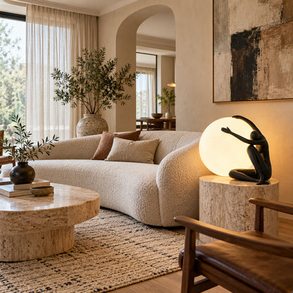 Musa sculpture table lamp casting a warm glow on a living room side table