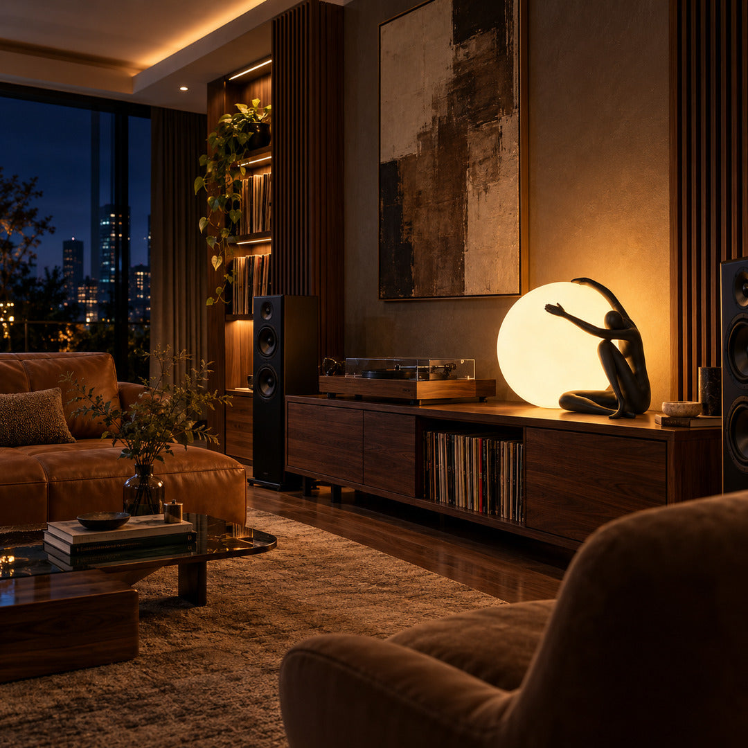 Musa sculpture table lamp casting a warm glow on a living room side table