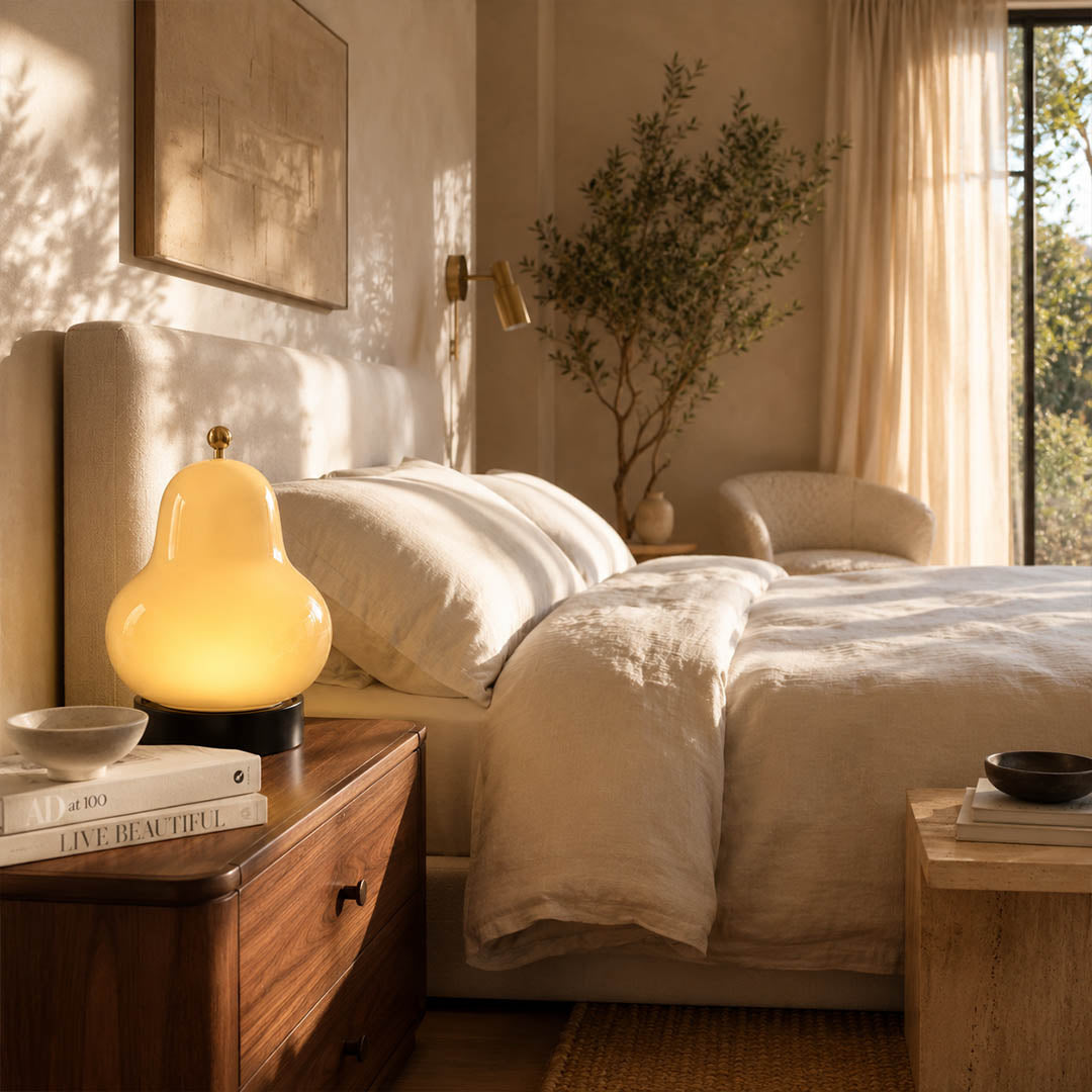 Nashi table lamp white modern primary bedroom bedside nightstand cordless USB rechargeable pear shaped warm ambient intimate no cord tangle safe lifestyle interior American home