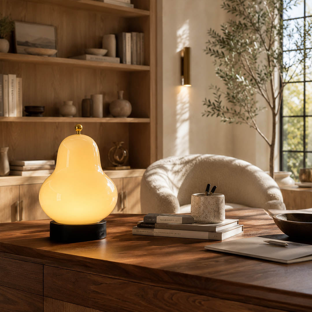Nashi table lamp white modern home office desk workspace cordless USB rechargeable pear shaped touch dimmer 3 color functional productive lifestyle interior American home