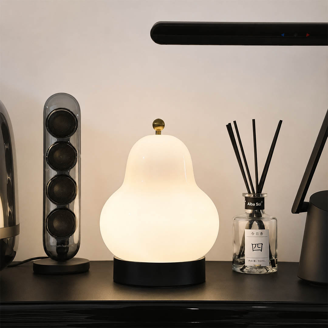 Nashi table lamp cream modern bedroom bedside reading warm 3000K glow cordless pear shaped USB rechargeable intimate cozy lifestyle interior American home