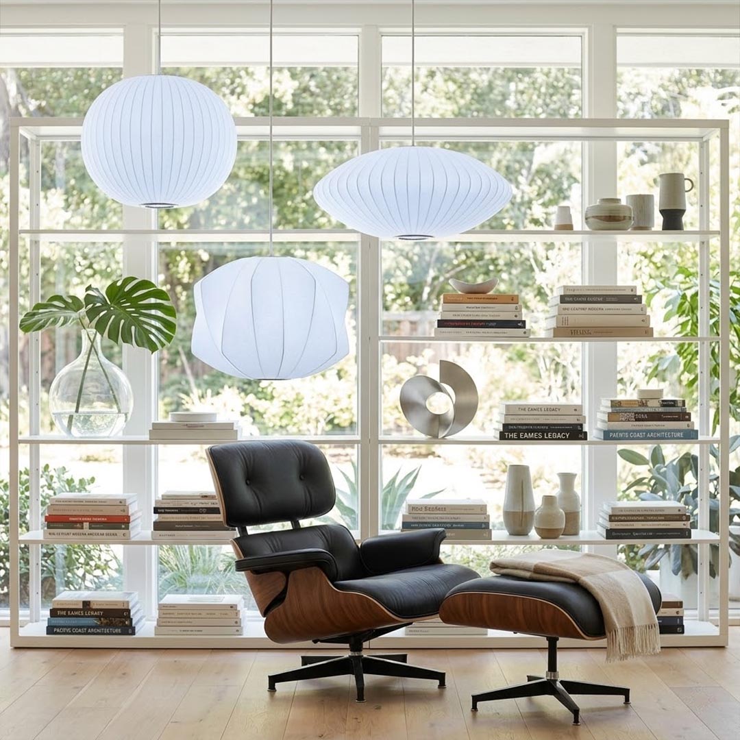 Nelson style bubble Saucer pendant 24 inch above Mid Century dining table Eames era furniture warm white glow modern interior