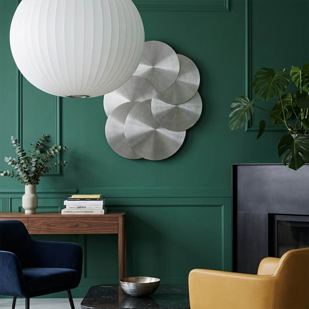 Nelson style bubble Saucer pendant 24 inch above Mid Century dining table Eames era furniture warm white glow modern interior