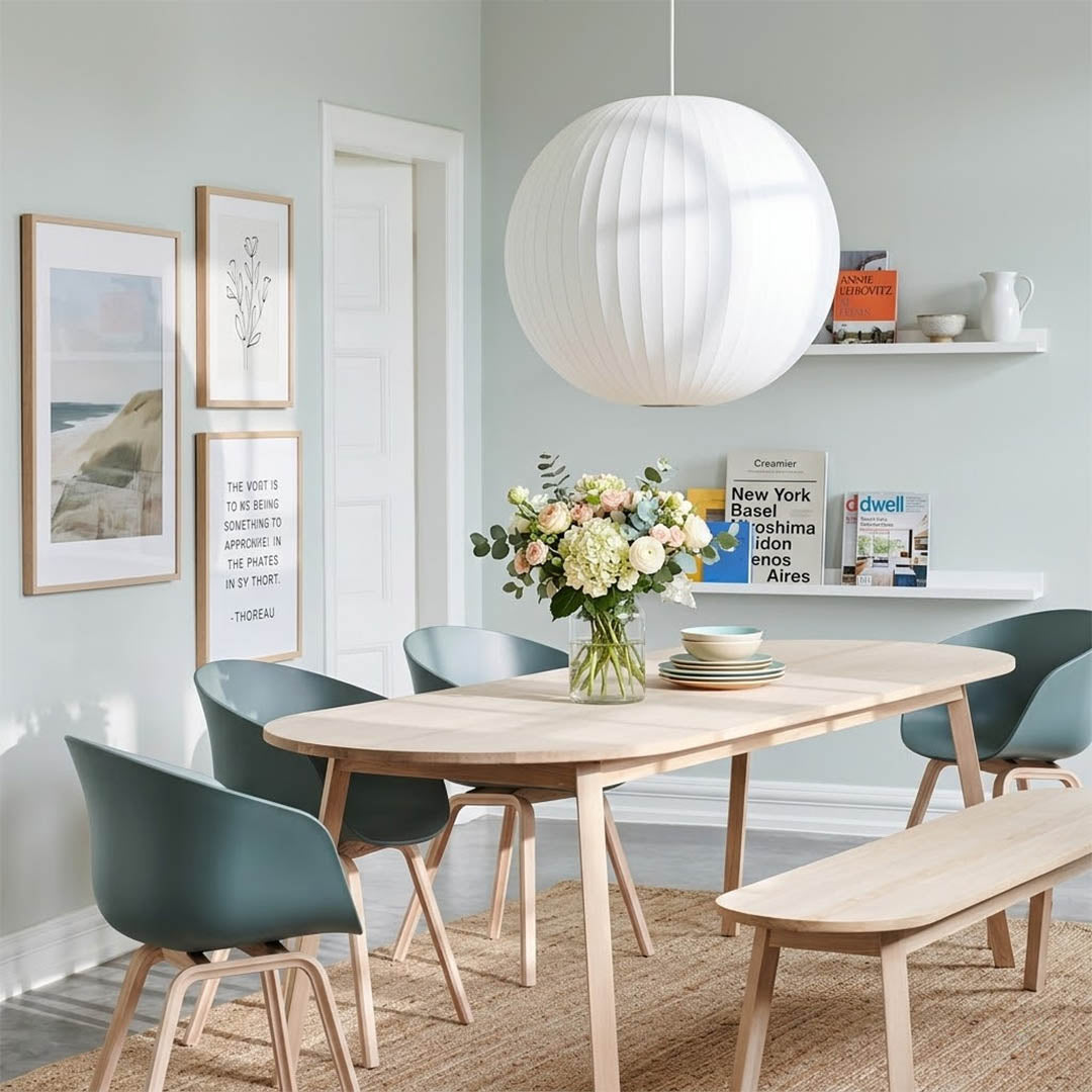 Nelson style bubble Saucer pendant 24 inch above Mid Century dining table Eames era furniture warm white glow modern interior