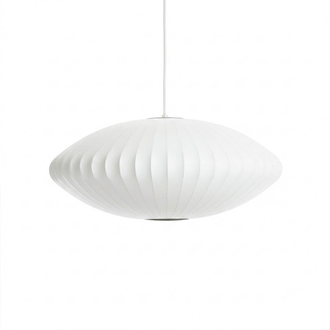 Nelson style bubble pendant light Saucer Model A 19 inch white spun polymer Mid Century iconic shape white background