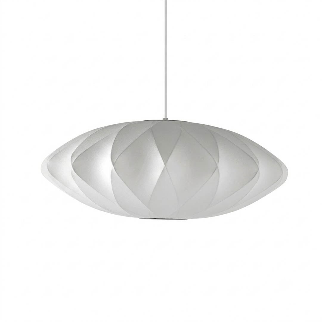 Nelson style bubble pendant light Saucer Model B 19 inch white spun polymer Mid Century iconic shape white background