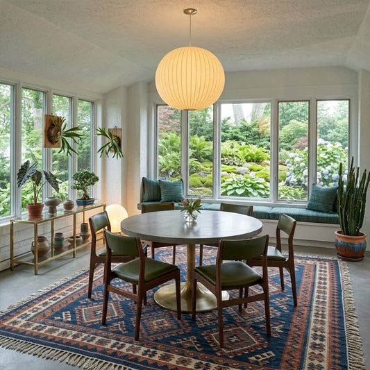 Nelson style bubble Saucer pendant 24 inch above Mid Century dining table Eames era furniture warm white glow modern interior