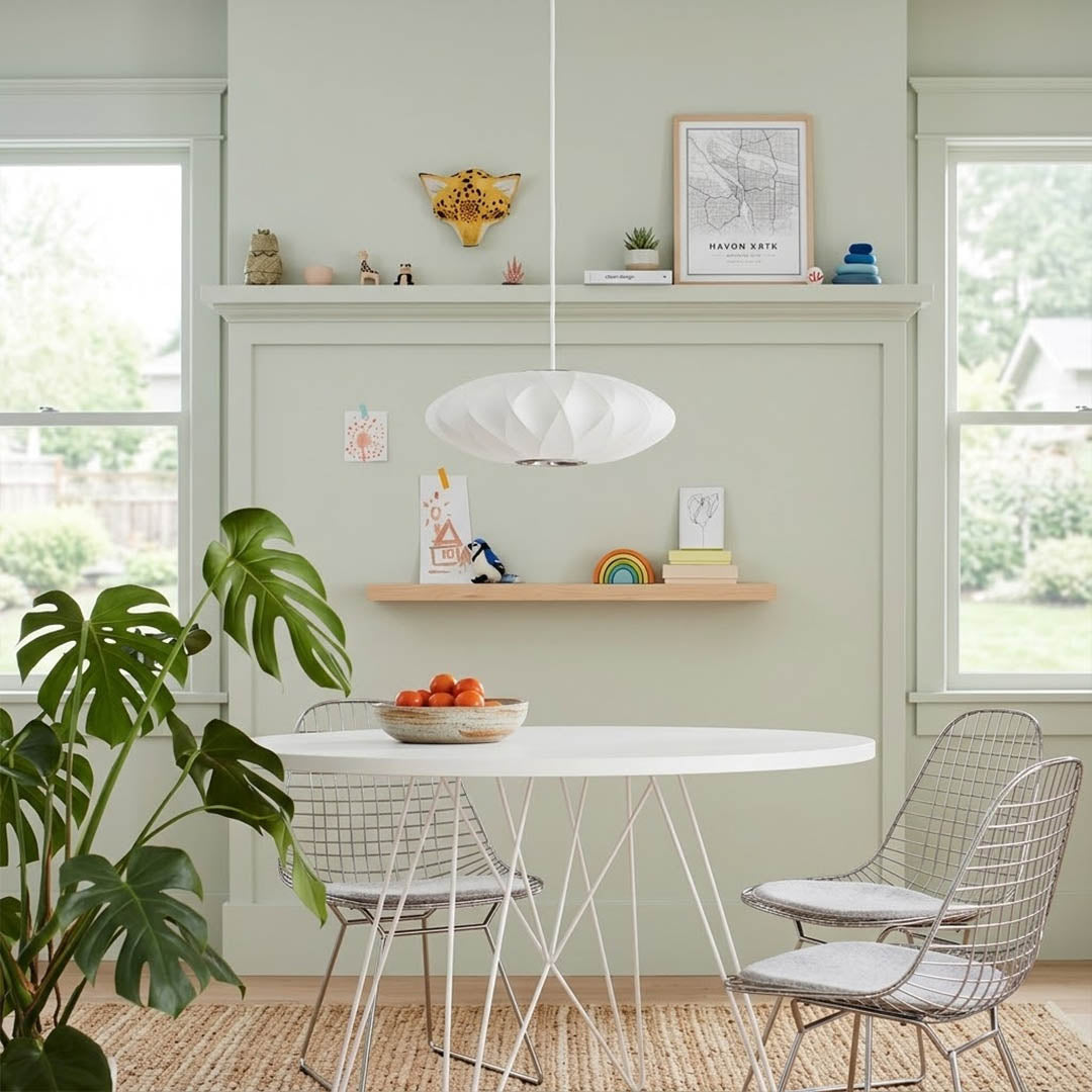 Nelson style bubble Saucer pendant 24 inch above Mid Century dining table Eames era furniture warm white glow modern interior