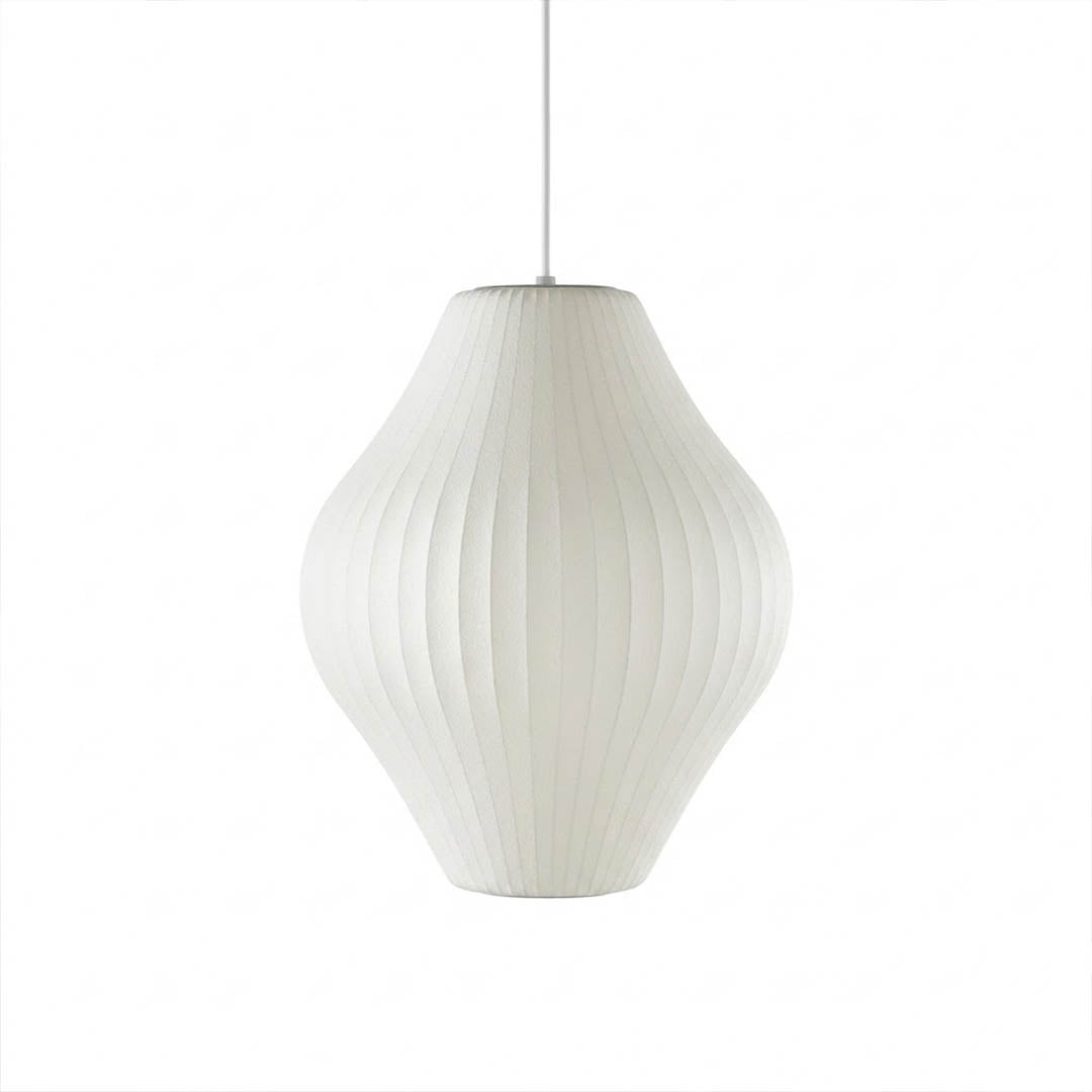 Nelson style bubble pendant light Pear Model D vertical elongated 8 inch white Mid Century tall narrow shape white background