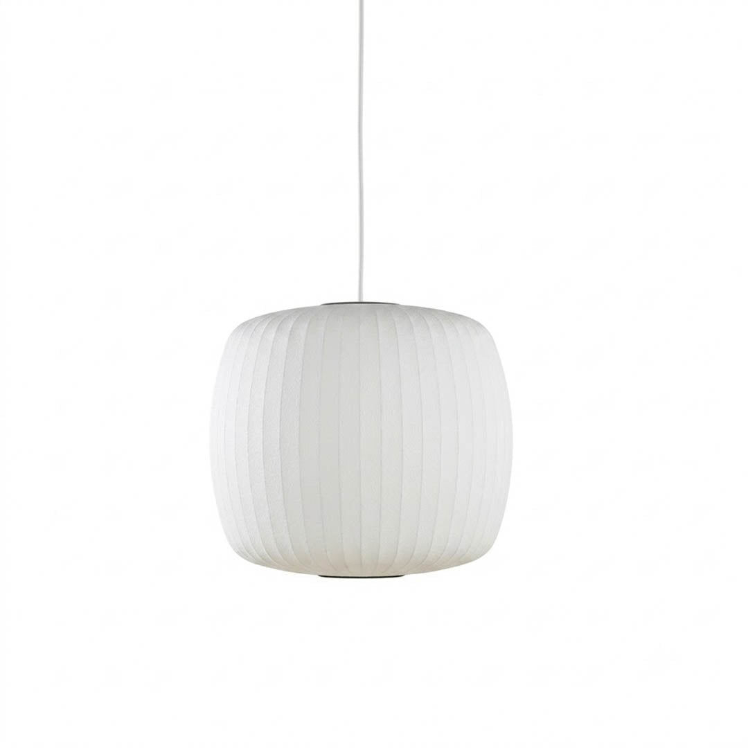 Nelson style bubble pendant Cylinder Lantern Model I straight vertical 15 inch white polymer Mid Century column white background