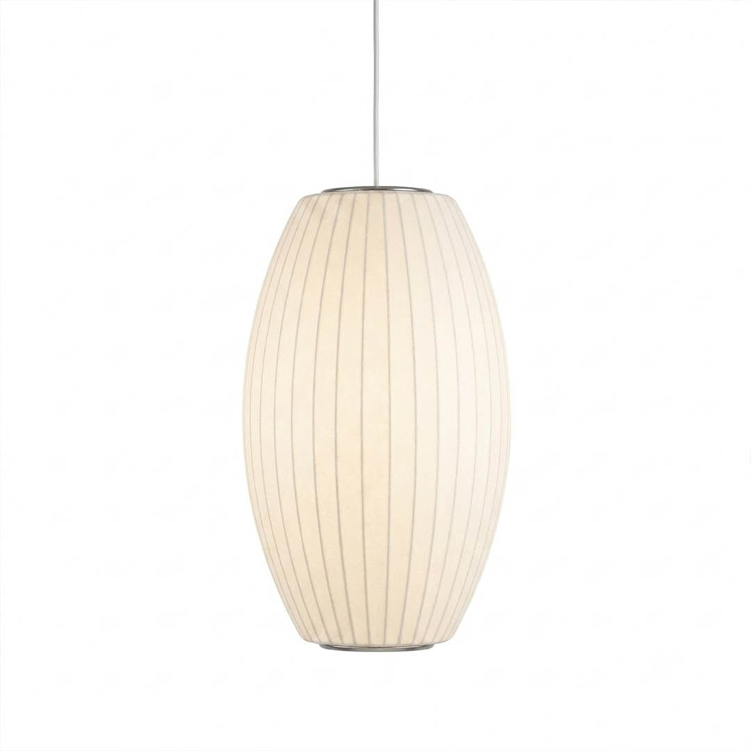 Nelson style bubble pendant light Pear Model D vertical elongated 8 inch white Mid Century tall narrow shape white background