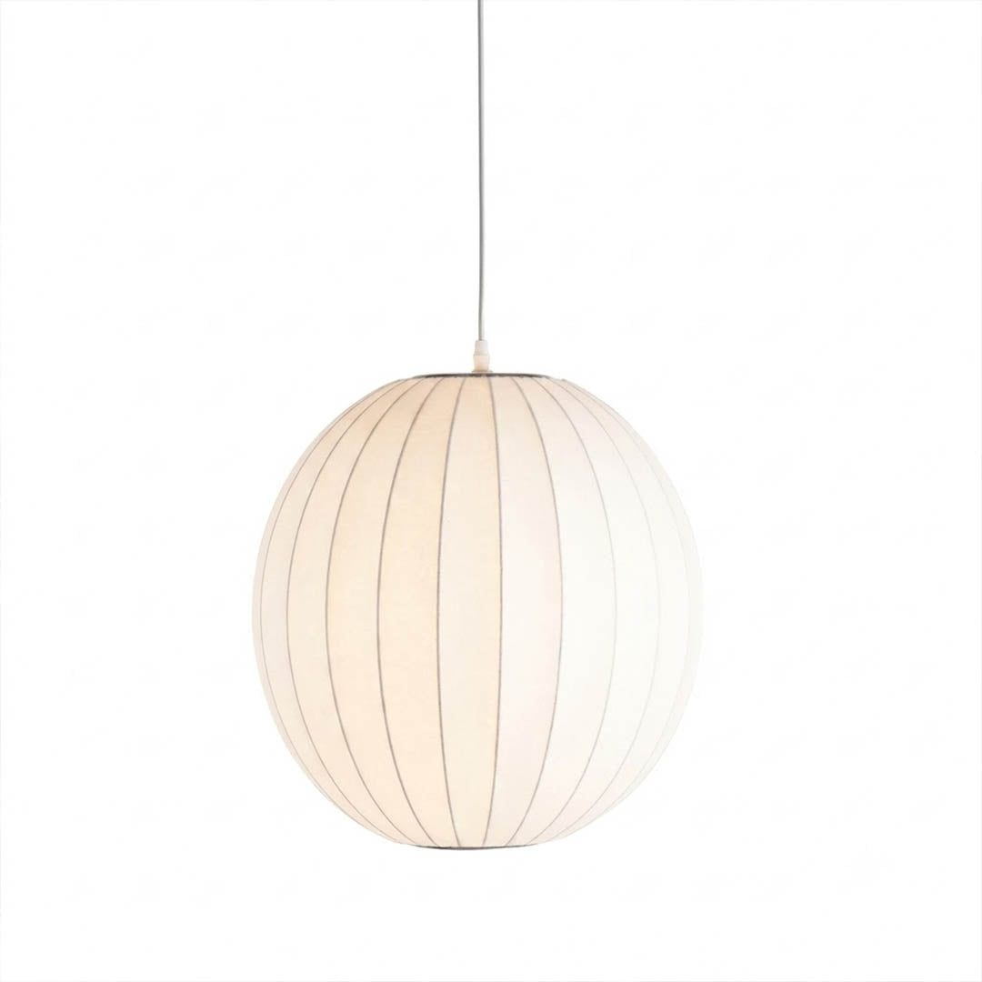 Nelson style bubble pendant Crisscross Saucer Model E cross hatched lines white spun polymer Mid Century structured shape white background