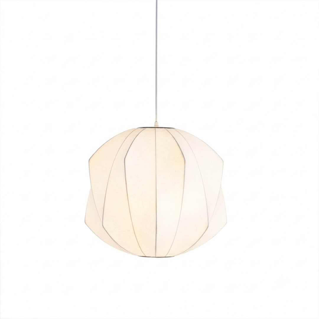 Nelson style bubble pendant Crisscross Ball Model F cross hatched sphere white polymer Mid Century structured round white background