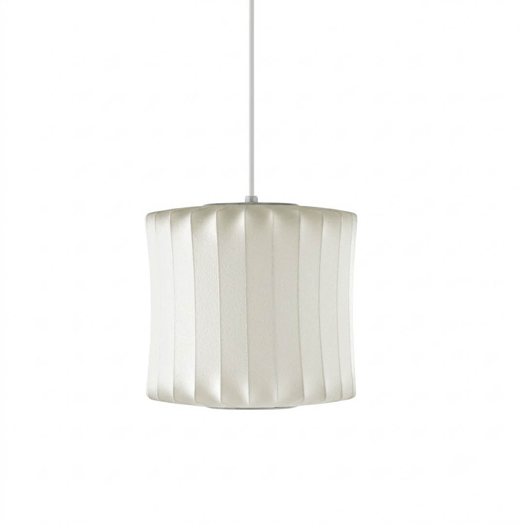 Nelson style bubble pendant Cigar drum Model G cylinder horizontal elongated white polymer Mid Century iconic shape white background