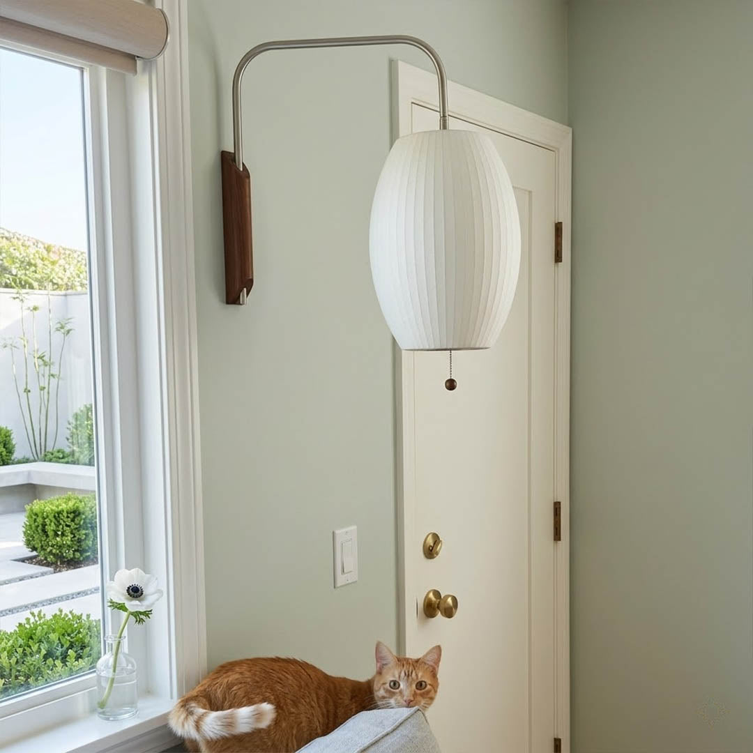 Nelson style wall sconce renter friendly plug in no hardwiring apartment rental mid century modern easy install lifestyle