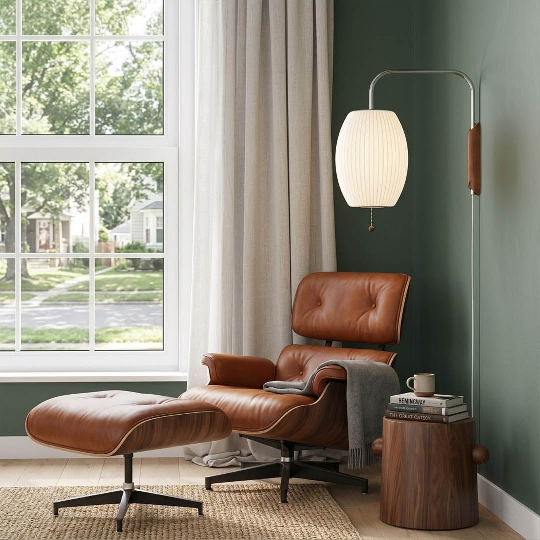Nelson style wall sconce renter friendly plug in no hardwiring apartment rental mid century modern easy install lifestyle