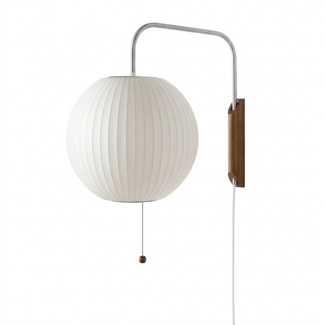 Nelson style bubble wall sconce Ball Model C 11 inch sphere white polymer walnut wood arm plug in mid century white background