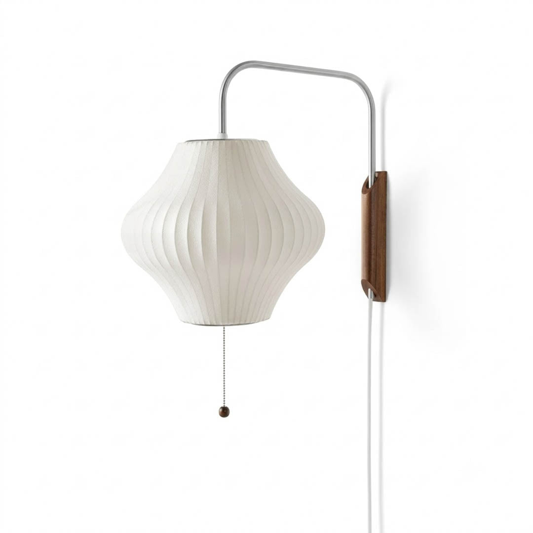 Nelson style bubble wall sconce Ball Model B 12 inch sphere white polymer walnut wood arm plug in mid century white background