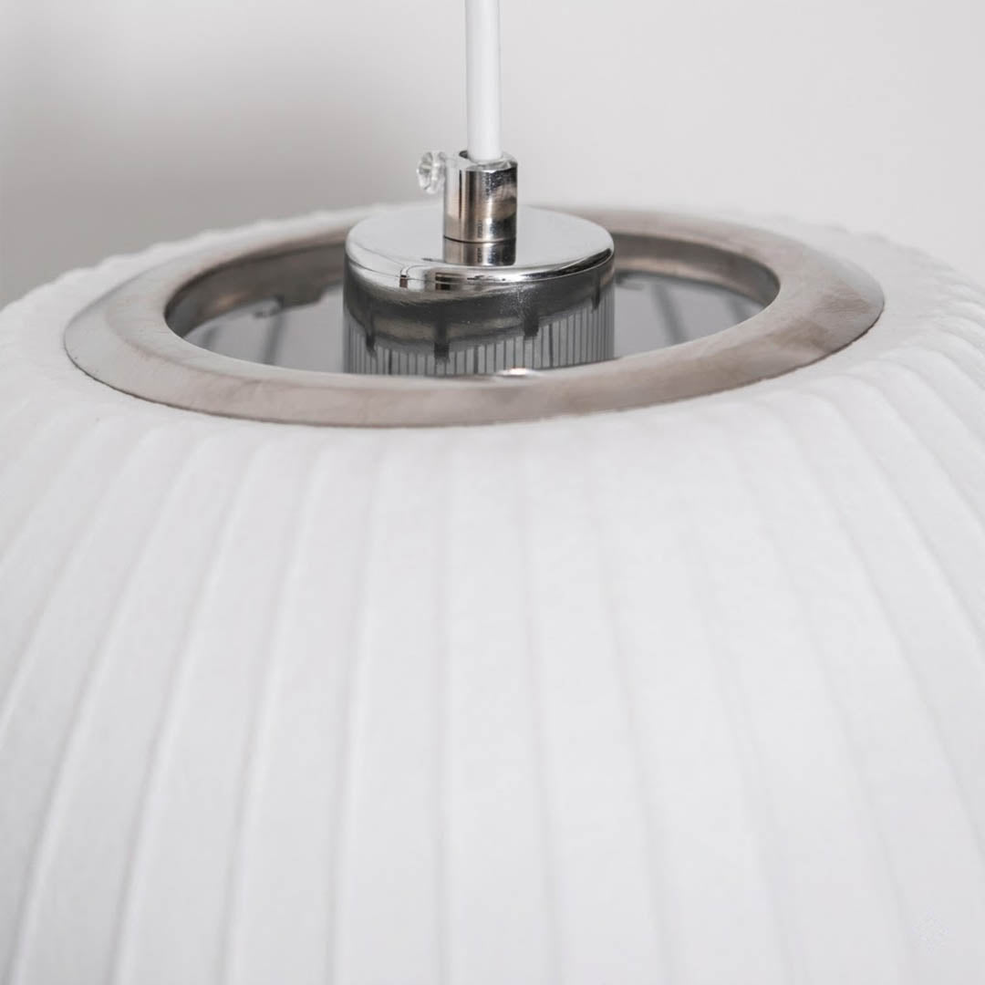 Nelson style bubble wall sconce Saucer Model D 16 inch flat wide white polymer walnut wood arm plug in mid century white background
