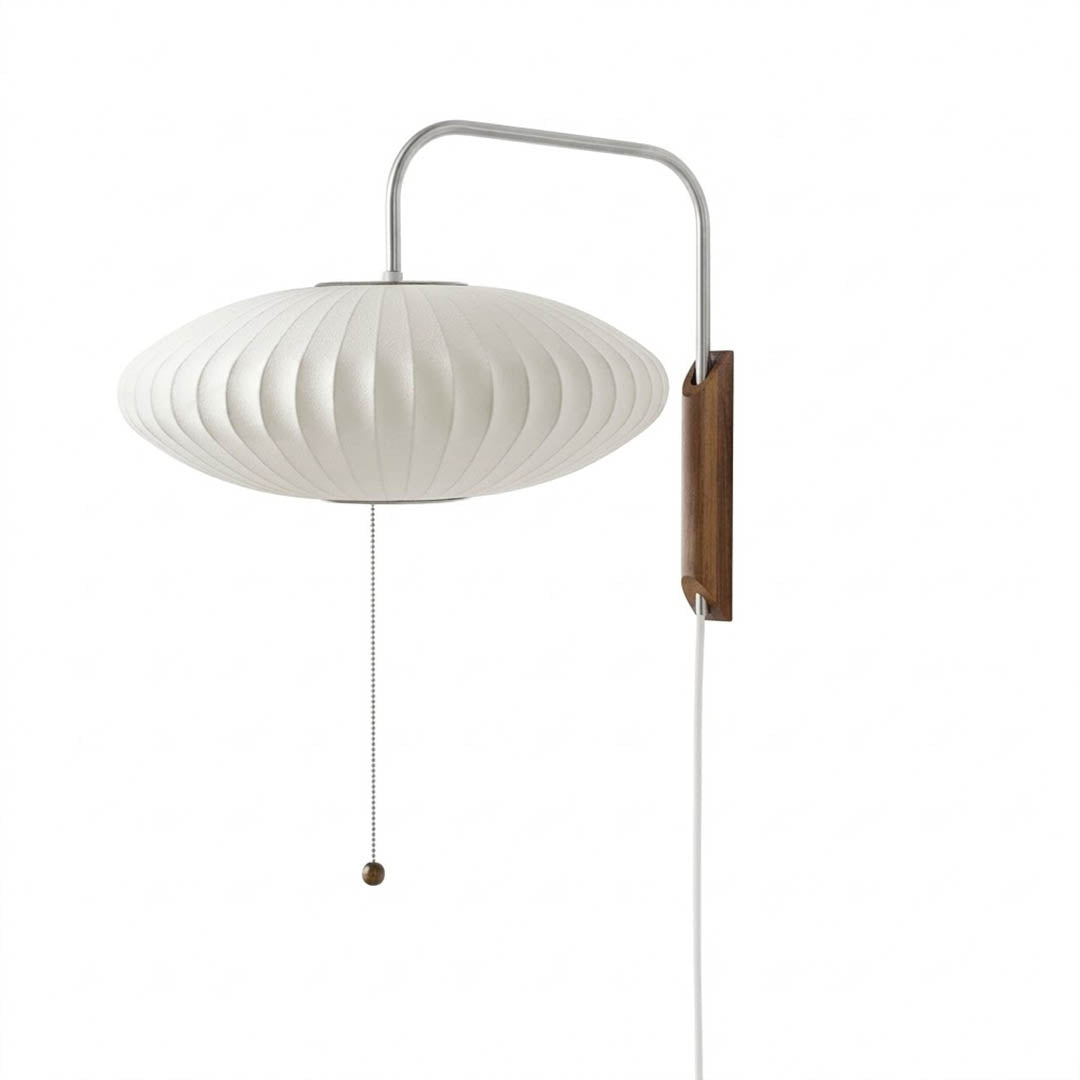 Nelson style bubble wall sconce Saucer Model D 16 inch flat wide white polymer walnut wood arm plug in mid century white background