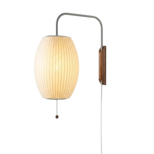Nelson style bubble wall sconce Pear Model A 15 inch vertical elongated white polymer walnut wood arm plug in mid century white background