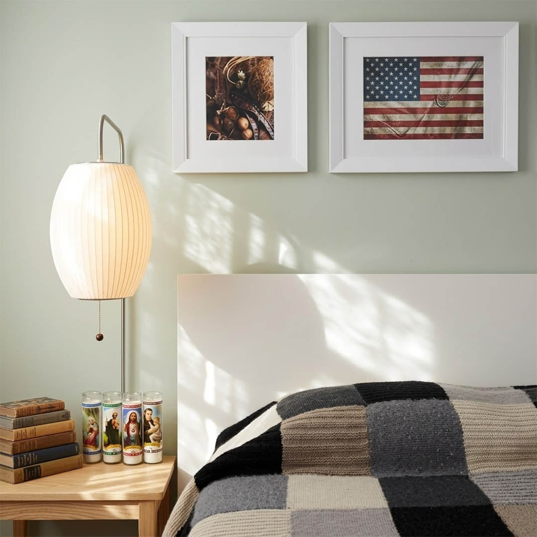 Nelson style bubble wall sconce mid century modern living room Eames era furniture walnut wood architectural warm Edison glow interior