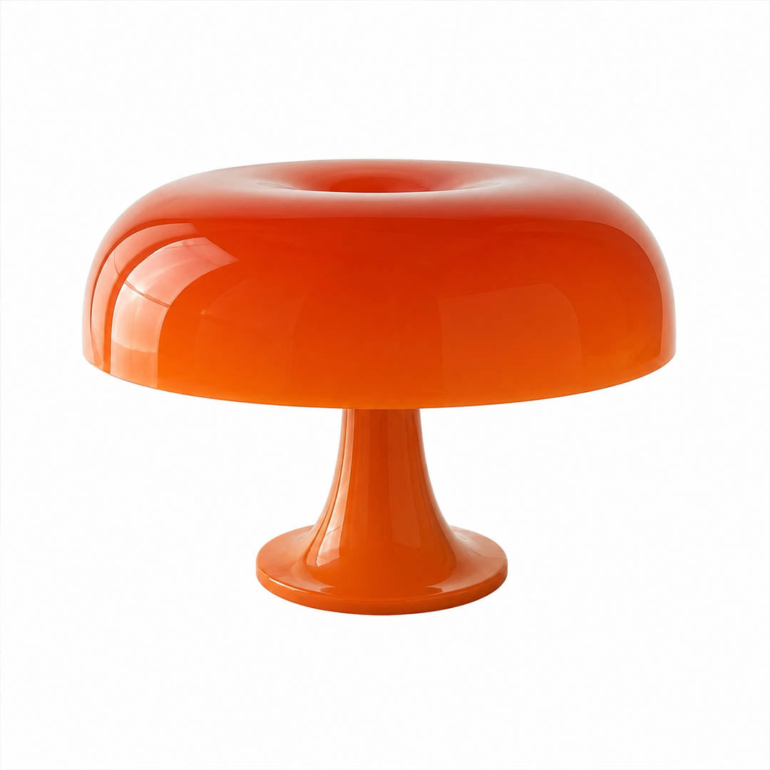 Nesso table lamp orange painted acrylic 1965 Italian mushroom design icon Compasso d'Oro 12.6 inch small bedside collectible statement white background