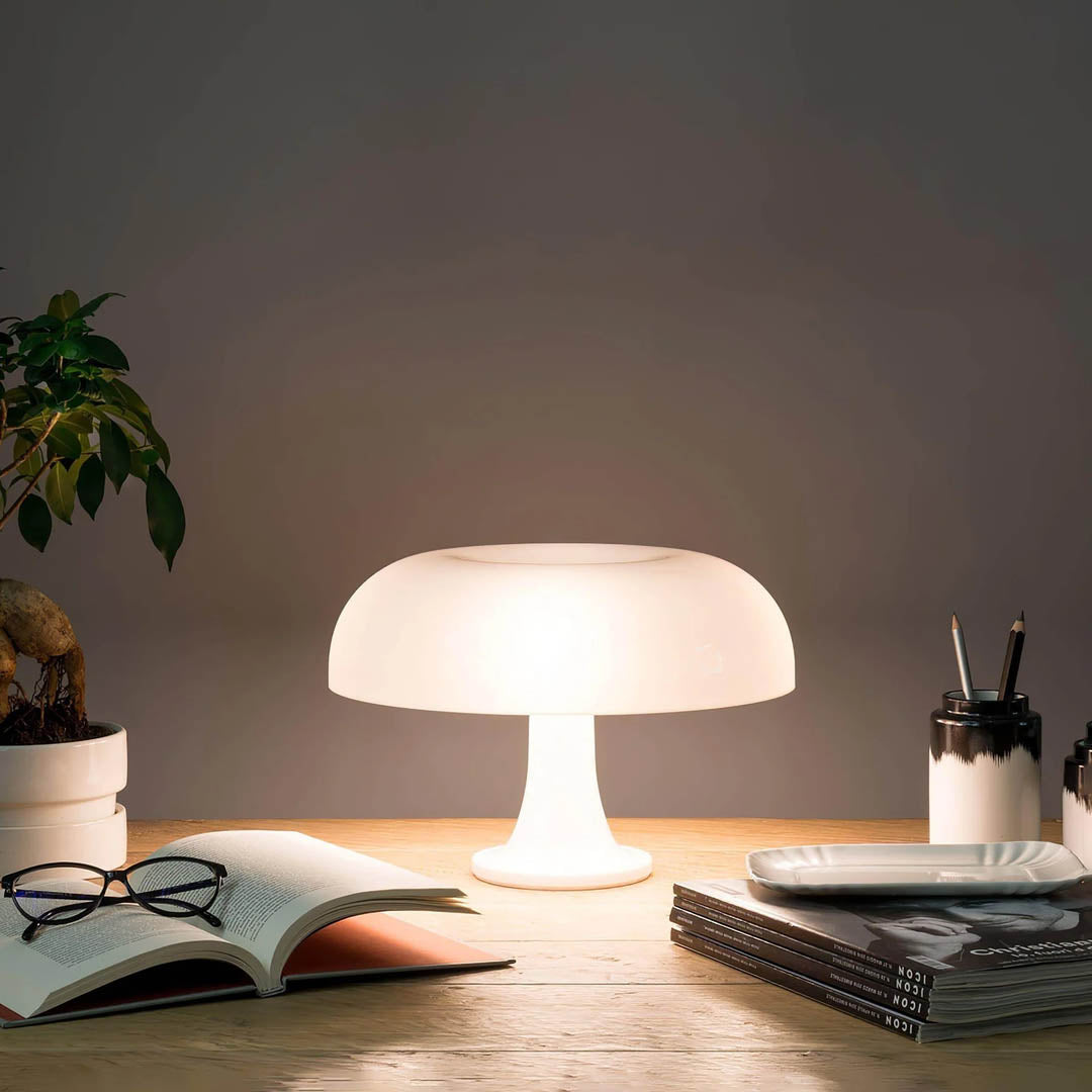 Nesso table lamp green modern office desk creative workspace 1965 Italian mushroom design icon Compasso d'Oro vibrant playful sophisticated productivity American home lifestyle interior