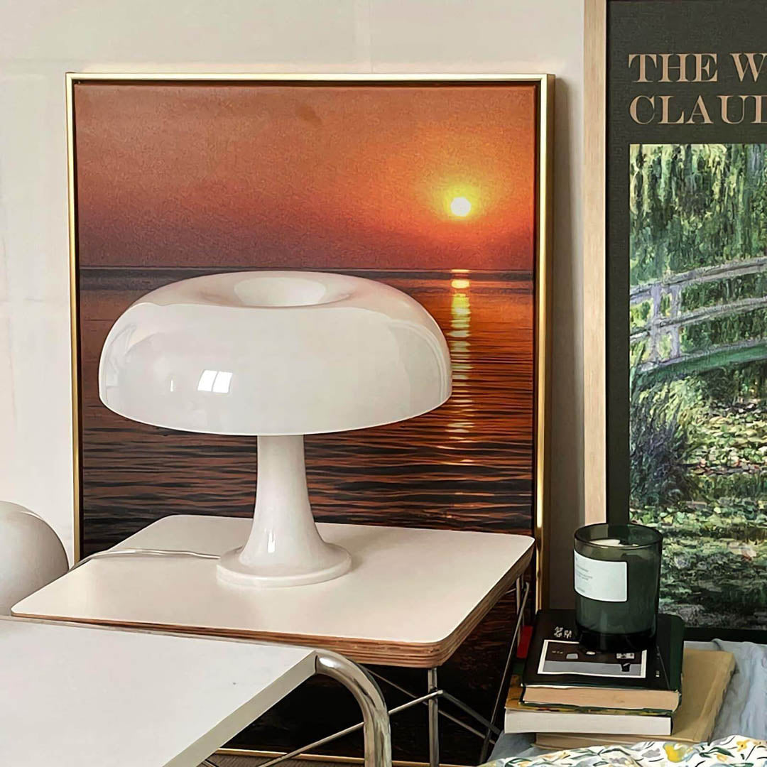 Nesso table lamp red modern boho eclectic reading corner armchair side table 1965 Italian mushroom design icon Compasso d'Oro vibrant playful sophisticated American home lifestyle interior