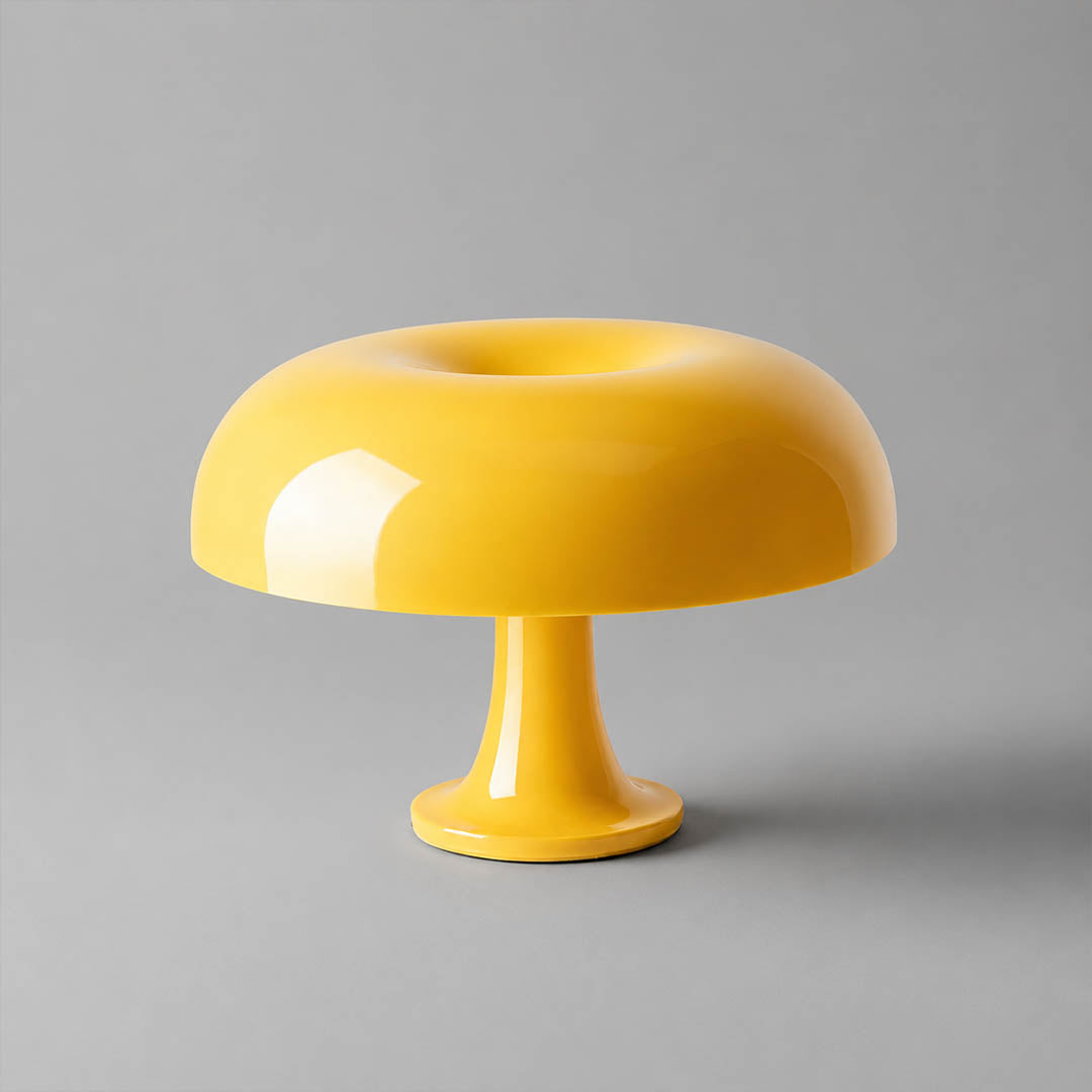 Nesso table lamp yellow painted acrylic 1965 Italian mushroom design icon Compasso d'Oro 12.6 inch small bedside collectible statement white background