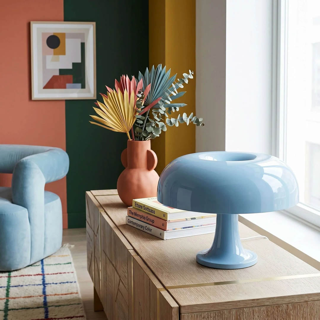 Nesso table lamp red modern boho eclectic reading corner armchair side table 1965 Italian mushroom design icon Compasso d'Oro vibrant playful sophisticated American home lifestyle interior