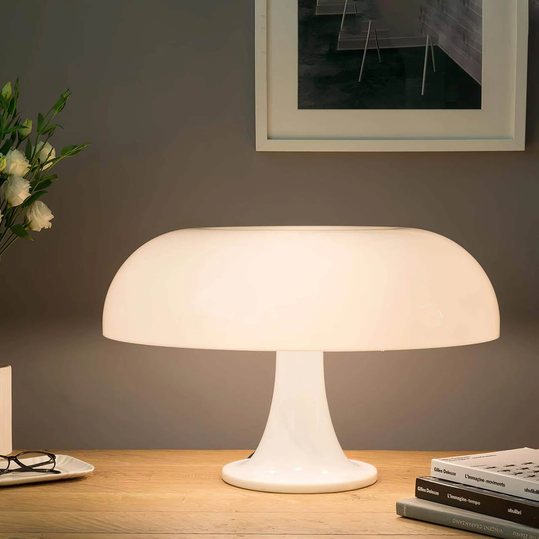 Nesso table lamp mixed 7 colors modern art collector shelf statement display 1965 Italian mushroom design icon Compasso d'Oro MoMA collection vibrant sophisticated collectible American home lifestyle interior