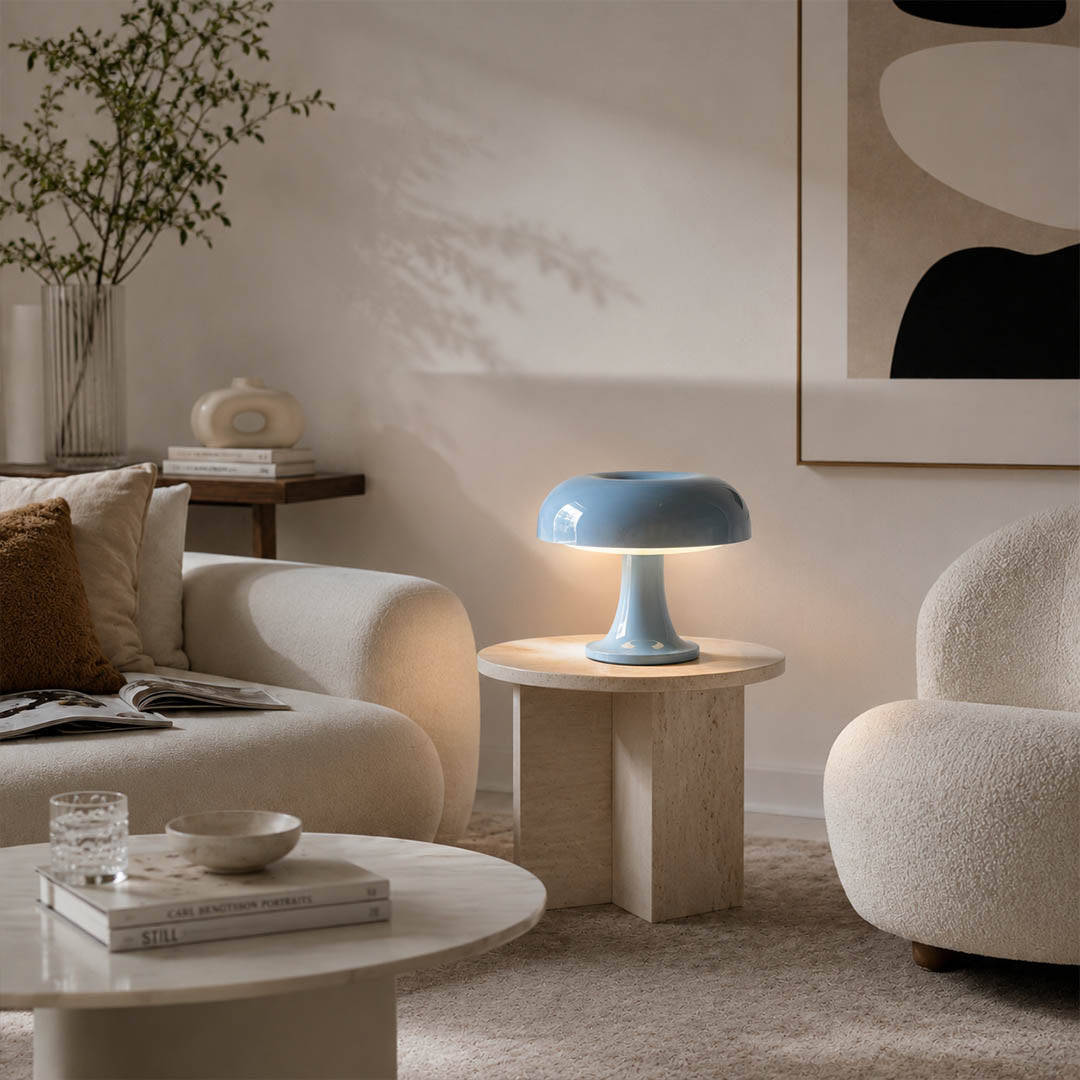 Nesso table lamp red modern boho eclectic reading corner armchair side table 1965 Italian mushroom design icon Compasso d'Oro vibrant playful sophisticated American home lifestyle interior