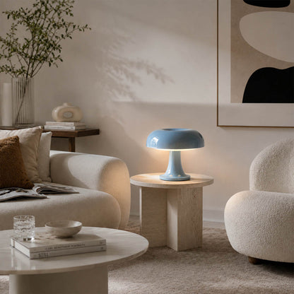 Nesso table lamp red modern boho eclectic reading corner armchair side table 1965 Italian mushroom design icon Compasso d'Oro vibrant playful sophisticated American home lifestyle interior