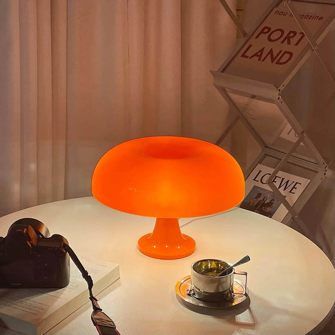 Nesso table lamp red modern boho eclectic reading corner armchair side table 1965 Italian mushroom design icon Compasso d'Oro vibrant playful sophisticated American home lifestyle interior