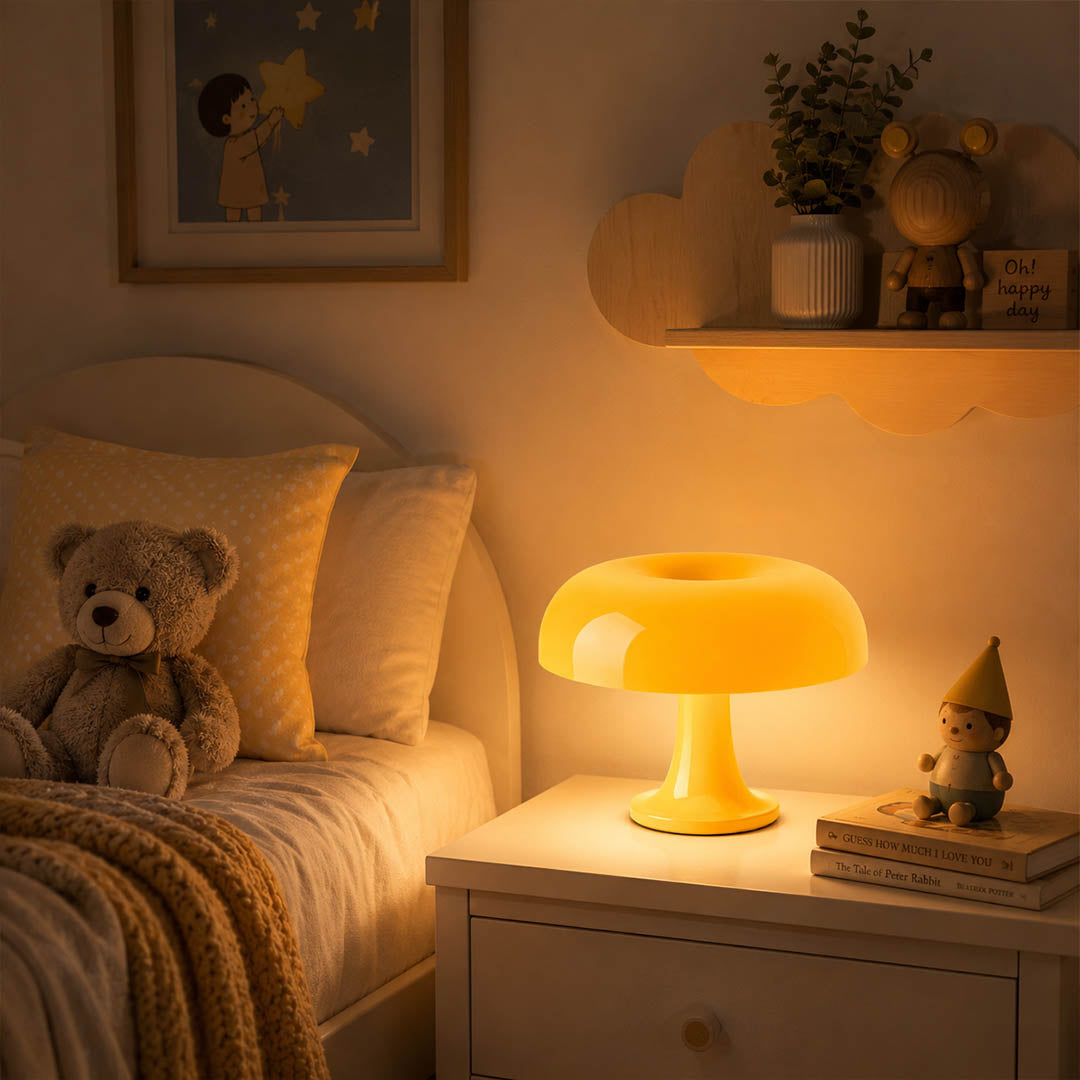 Nesso table lamp blue modern Scandinavian minimalist primary bedroom bedside nightstand 1965 Italian mushroom design icon Compasso d'Oro sophisticated Nordic American home lifestyle interior
