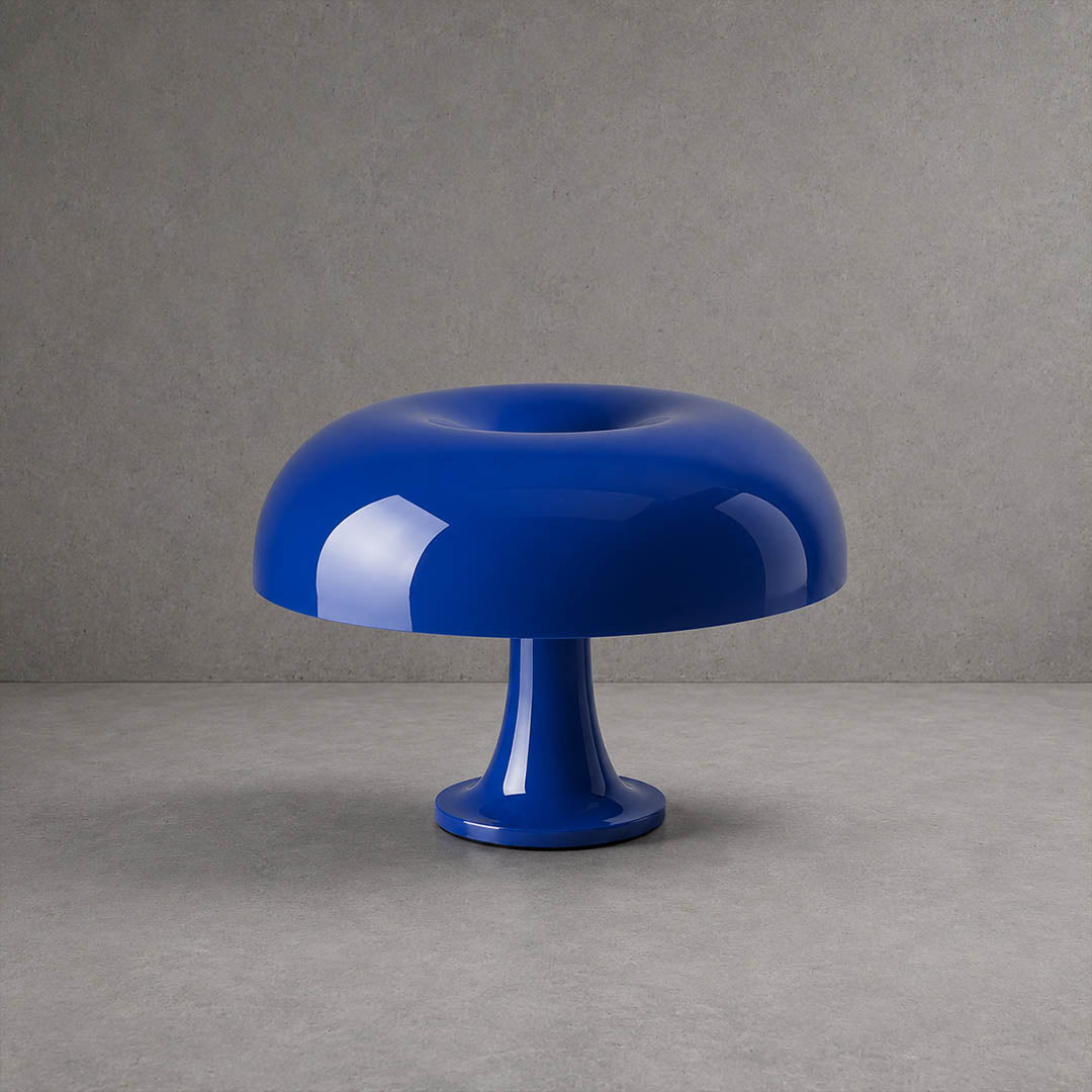 Nesso table lamp blue cobalt painted acrylic 1965 Italian mushroom design icon Compasso d'Oro 12.6 inch small bedside collectible statement white background