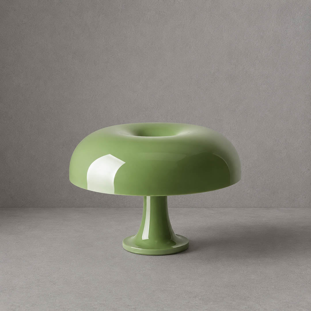 Nesso table lamp green painted acrylic 1965 Italian mushroom design icon Compasso d'Oro 12.6 inch small bedside collectible statement white background