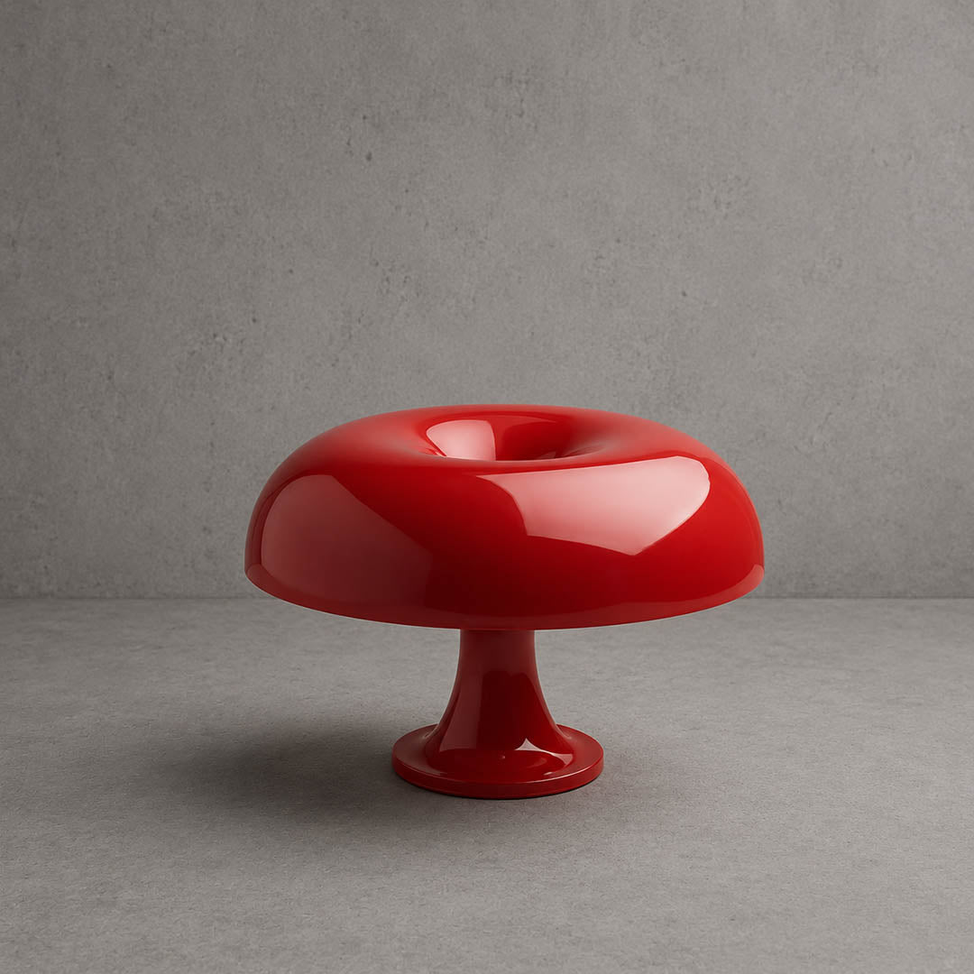 Nesso table lamp red painted acrylic 1965 Italian mushroom design icon Compasso d'Oro 12.6 inch small bedside collectible statement white background