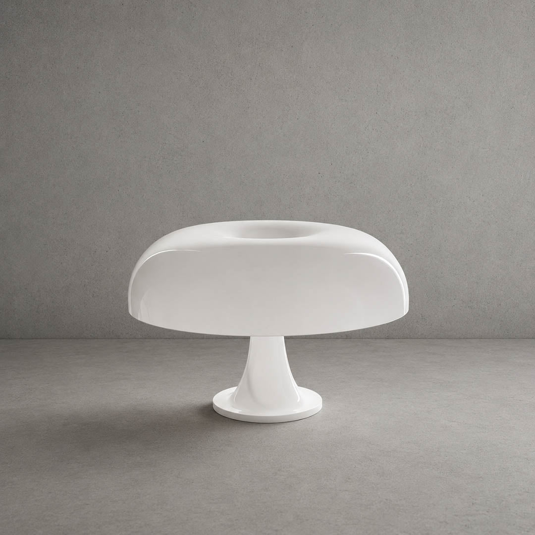 Nesso table lamp white painted acrylic 1965 Italian mushroom design icon Compasso d'Oro 12.6 inch small bedside collectible statement white background